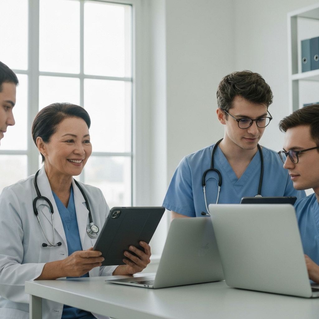 Modern clinic team collaborating with technology